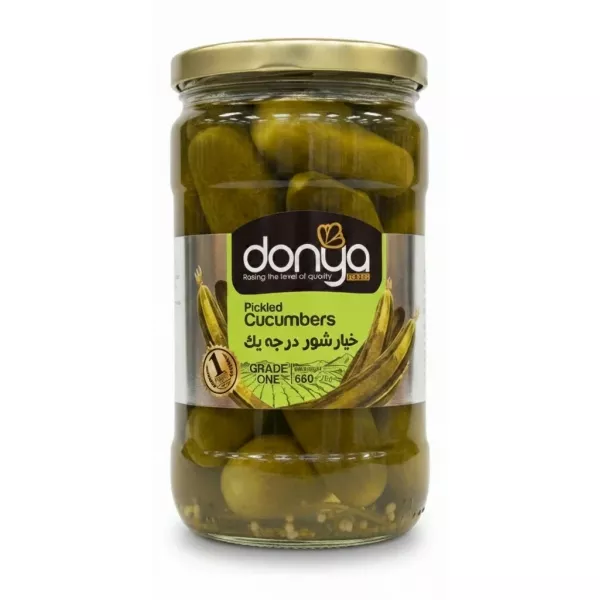 Jar of Donya Pickled Cucumbers front label showing brand without price tag