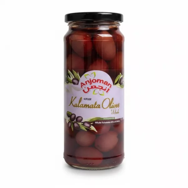Jar of Anjoman Greek Kalamata whole olives in brine