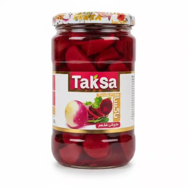Jar of Taksa Turnip Pickle with vibrant red slices inside