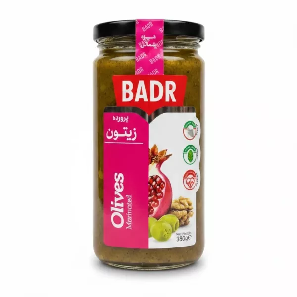 Jar of Badr Marinated Olives with red and white label