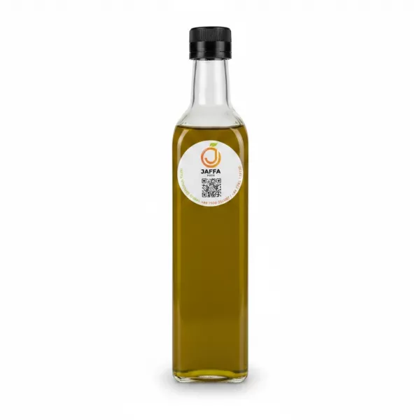 Glass bottle of Jaffa Food olive oil with label and black cap