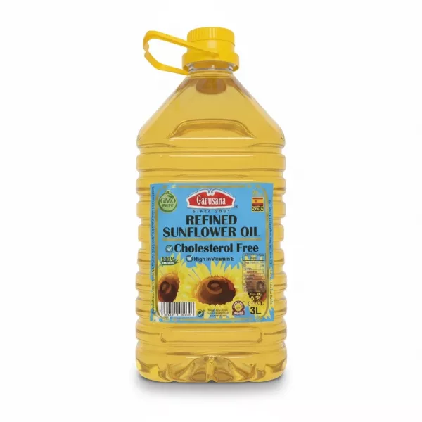 Large plastic bottle of Garusana refined sunflower oil with blue label and yellow cap