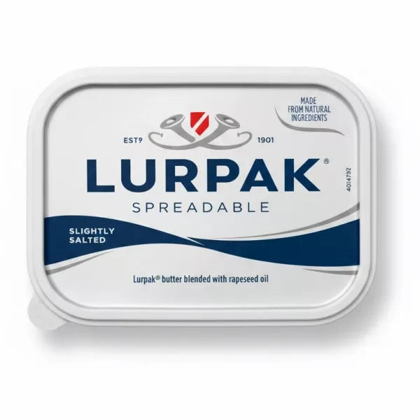 Top view of Lurpak Spreadable tub displaying logo and product name