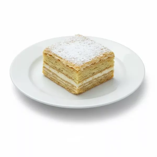 Single Napoleon Mille-Feuille square on white plate topped with powdered sugar
