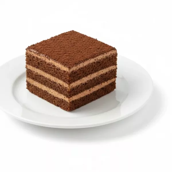 Single square chocolate layer cake slice on white plate