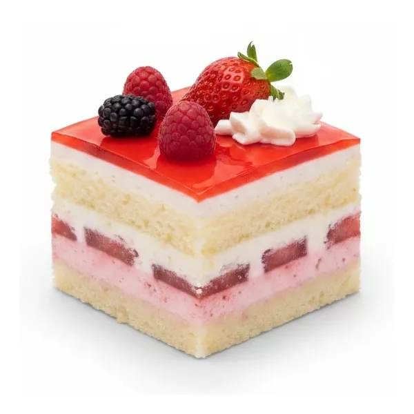 Close-up slice of strawberry berry layer cake with fresh strawberries, raspberries, and blackberries topped with whipped cream