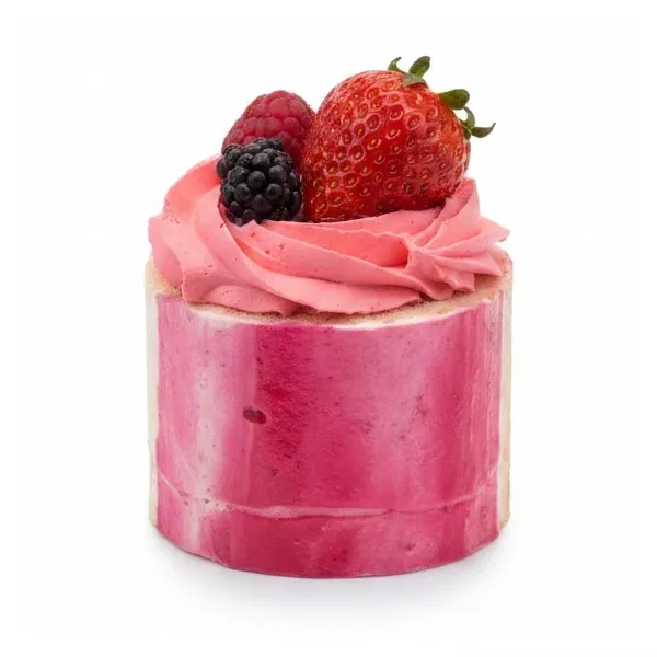 Single halalo mixed berry cream roll topped with fresh strawberries, raspberries, and blackberries