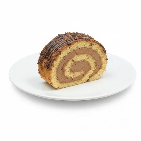 Slice of chocolate swirl cake roll on a white plate showing creamy filling