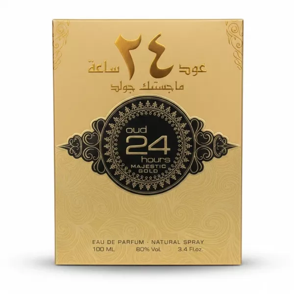 Front view of Oud 24 Hours Majestic Gold perfume box showing Arabic and English text