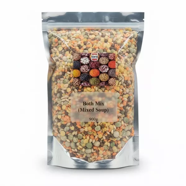 packet of Sara brand Both Mix Lentils Soup showing mixed lentils inside transparent packaging