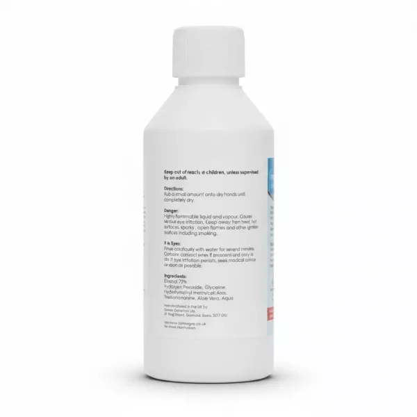 Back label of Covex Hand Sanitiser showing ingredients and directions