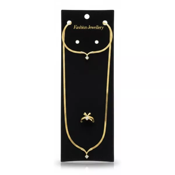 Gold-tone necklace, bracelet and ring set with single clear stones on black display card