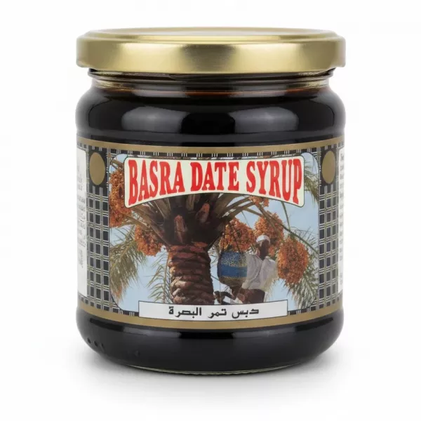 Glass jar of Basra Date Syrup with gold lid and label showing a date palm tree