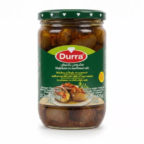 Jar of Durra Makdous eggplants stuffed with chili and walnuts in sunflower oil