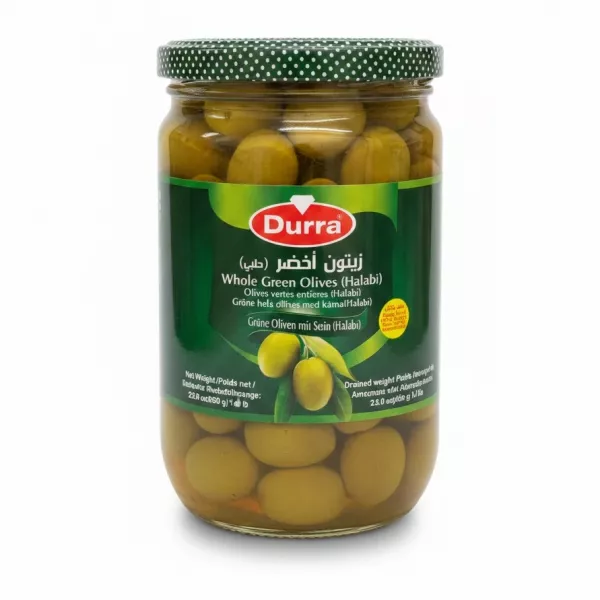 Jar of Durra Whole Green Olives Halabi with green polka-dot lid