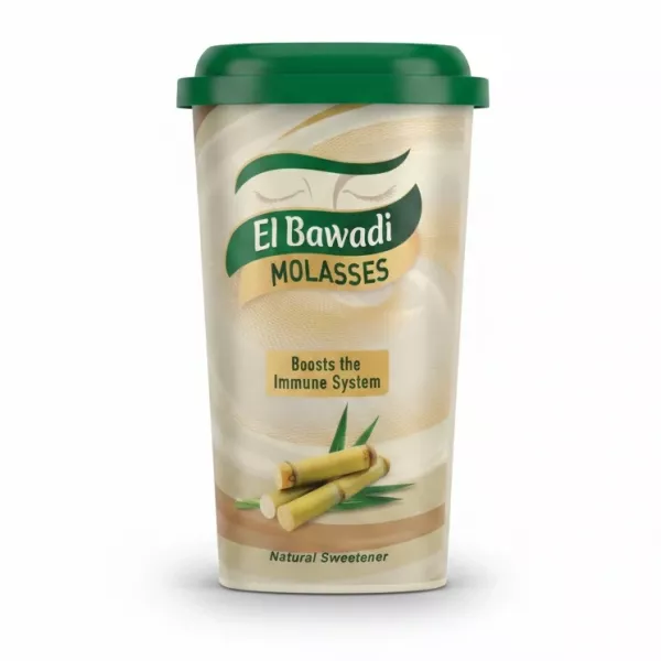 El Bawadi Molasses container with green lid and sugarcane illustration