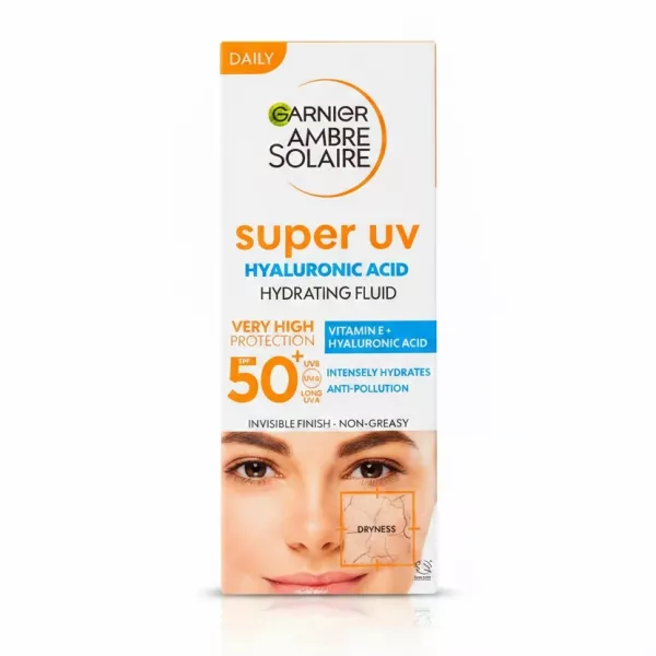 Front view of Garnier Ambre Solaire Super UV Hydrating Fluid with SPF 50+ packaging