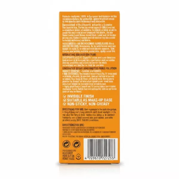 Back view of Garnier Ambre Solaire super UV hydrating fluid box showing product information and vegan certification