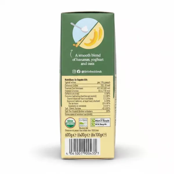 Little Freddie banana yoghurt organic pack back with nutrition and ingredients
