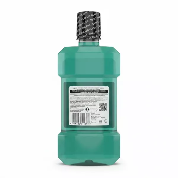 Back label of Listerine Total Care Intense Mint Mouthwash showing ingredients and usage instructions