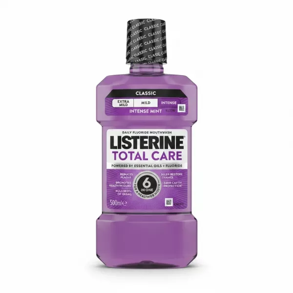 Front view of Listerine Total Care Intense Mint 500ml bottle with purple liquid