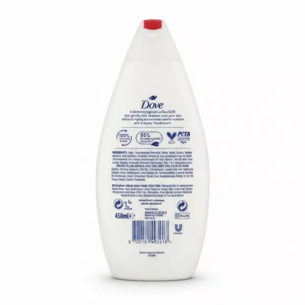 Dove Velvet Glow Body Wash 450ml back view showing ingredients and details