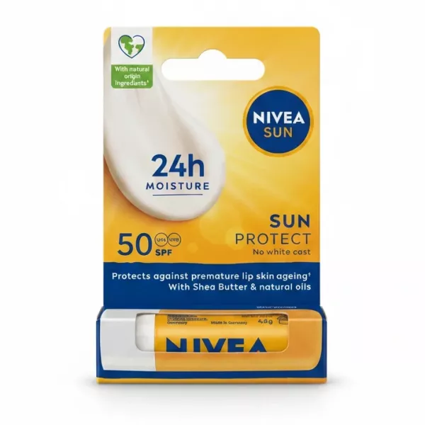 Nivea Sun Protect lip balm SPF 50 in yellow and blue packaging