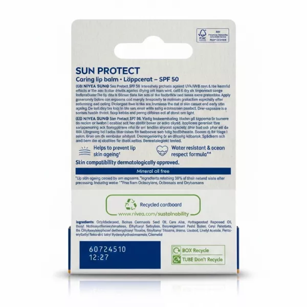 Back of Nivea Sun Protect lip balm packaging with detailed product information
