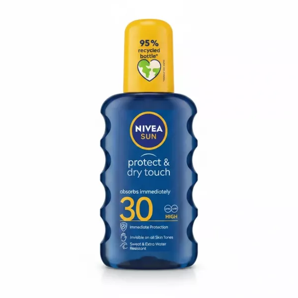 Nivea Sun Protect & Dry Touch SPF 30 blue bottle with yellow cap