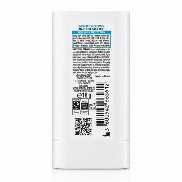 Garnier Ambre Solaire Super UV Stick SPF 50+ back side with instructions and barcode
