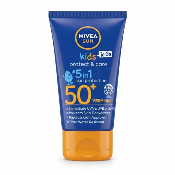 Front view of NIVEA Sun Kids To Go SPF 50+ sunscreen tube with blue and orange packaging