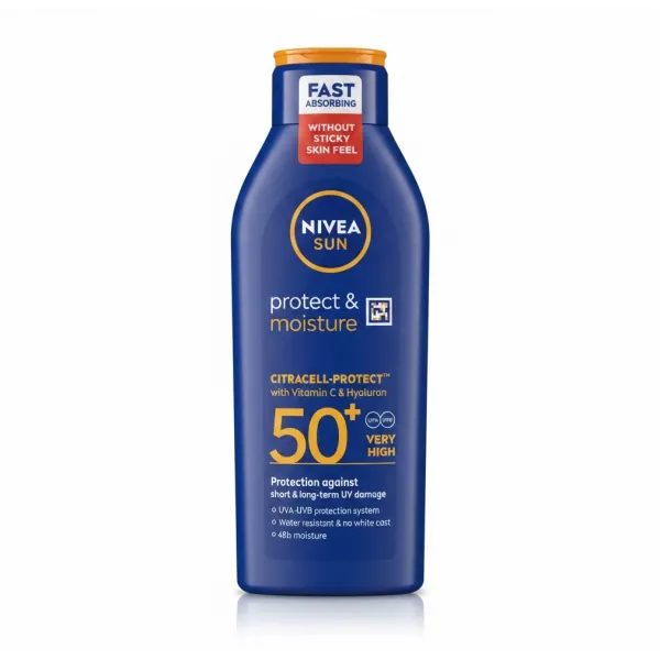 Front view of Nivea Sun Protect & Moisture SPF 50+ sunscreen bottle with clear label