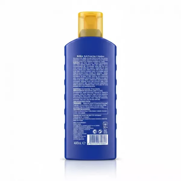 Back view of Nivea Sun Protect & Moisture SPF 50+ sunscreen bottle showing usage instructions and ingredients