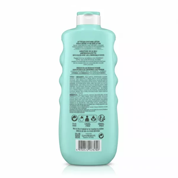 Back label of Garnier Ambre Solaire soothing after sun lotion showing usage and ingredients