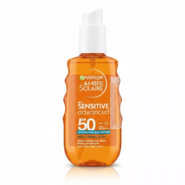 Garnier Ambre Solaire Sensitive Advanced SPF 50 Hydrating Sun Water front label