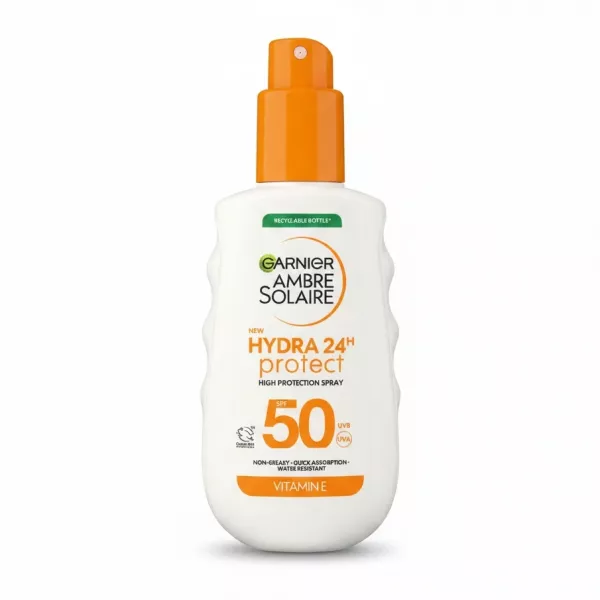 Garnier Ambre Solaire Hydra 24H Protect SPF 50 sunscreen spray bottle front