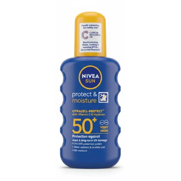 Front view of Nivea Sun Protect & Moisture SPF 50+ bottle with blue body and yellow cap