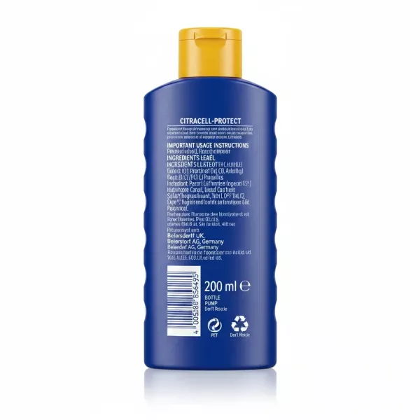 Back label of Nivea Sun Protect & Moisture SPF 50+ showing ingredients and barcode
