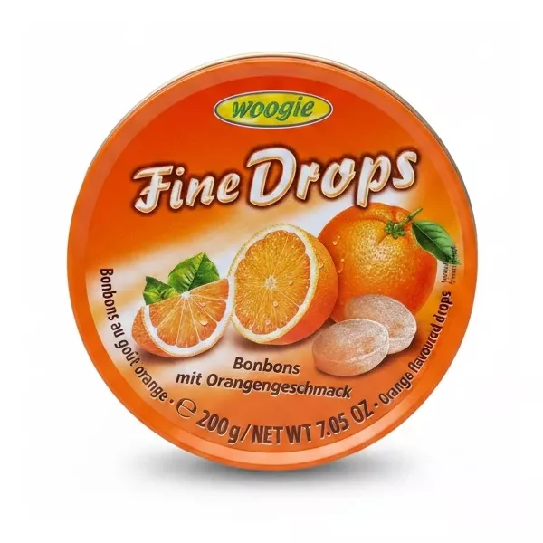 Tin of Woogie Fine Drops orange flavour candies