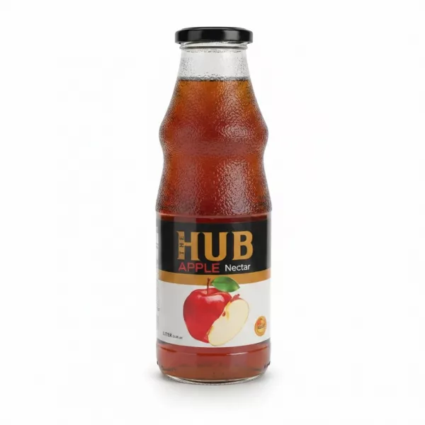 Glass bottle of The Hub Apple Nectar showing front label with apple image