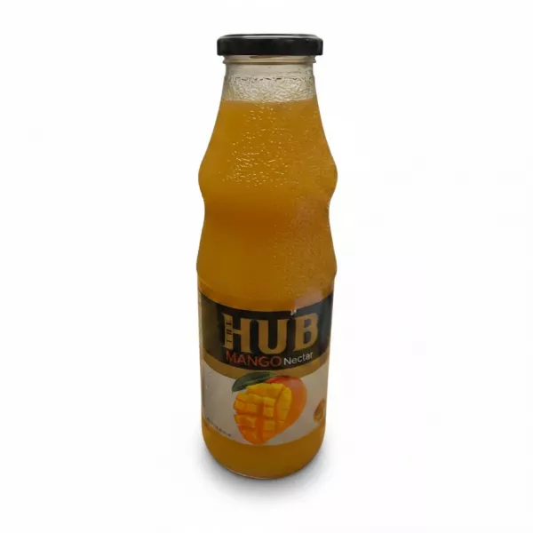 The Hub Mango Nectar in a glass bottle with black cap and bright orange juice inside