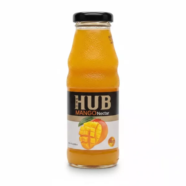 Glass bottle of The Hub Mango Nectar showing front label with mango image