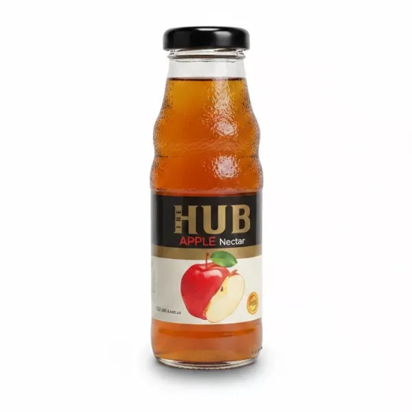 Glass bottle of The Hub Apple Nectar with apple illustration on label