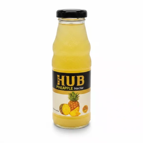 Glass bottle of The Hub pineapple nectar with black cap and label showing pineapple image