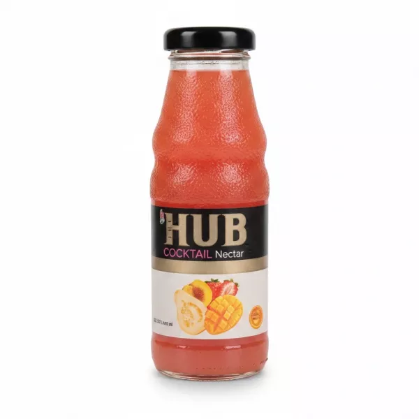 Glass bottle of HUB Cocktail Nectar with fruit images on label