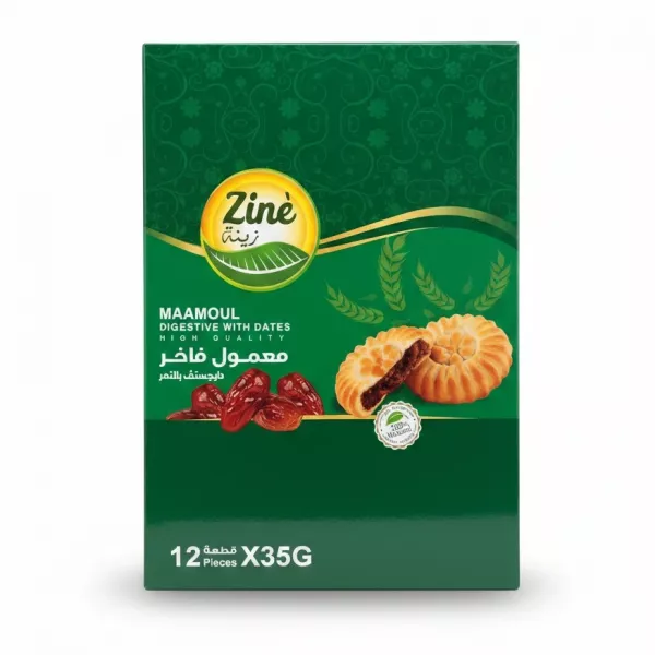 Box of Zine Maamoul Digestive with Dates showing cookies and date filling