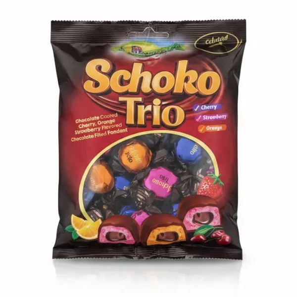 Schoko Trio chocolate coated cherry, orange and strawberry fondants pack front