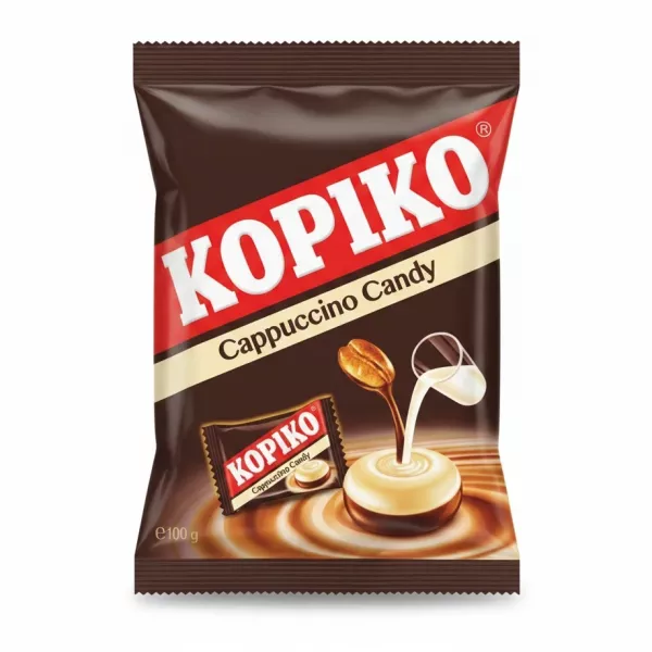 Kopiko Cappuccino Coffee Candy unopened pack showing branding and cappuccino illustration
