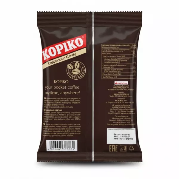 Back of Kopiko Cappuccino Coffee Candy pack showing ingredients and nutritional facts