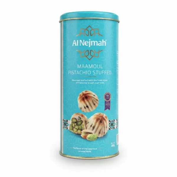 Al Nejmah Maamoul Pistachio Stuffed tin showing pistachio filled pastries on front